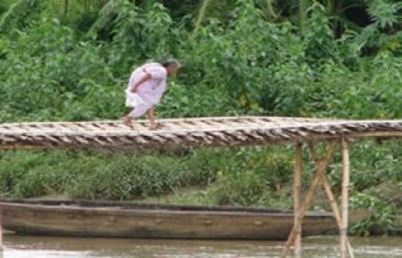 Bamboo made bridge over Khowai River risks local residents Bamboo made bridge over Khowai River risks local residents